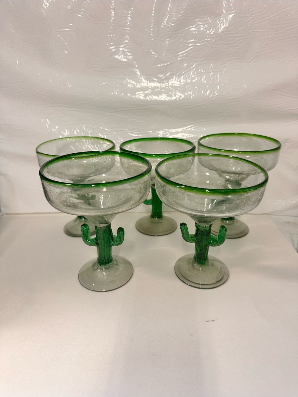 Set Of 5 Mexican Hand Blown Cactus Margarita Bar Glasses